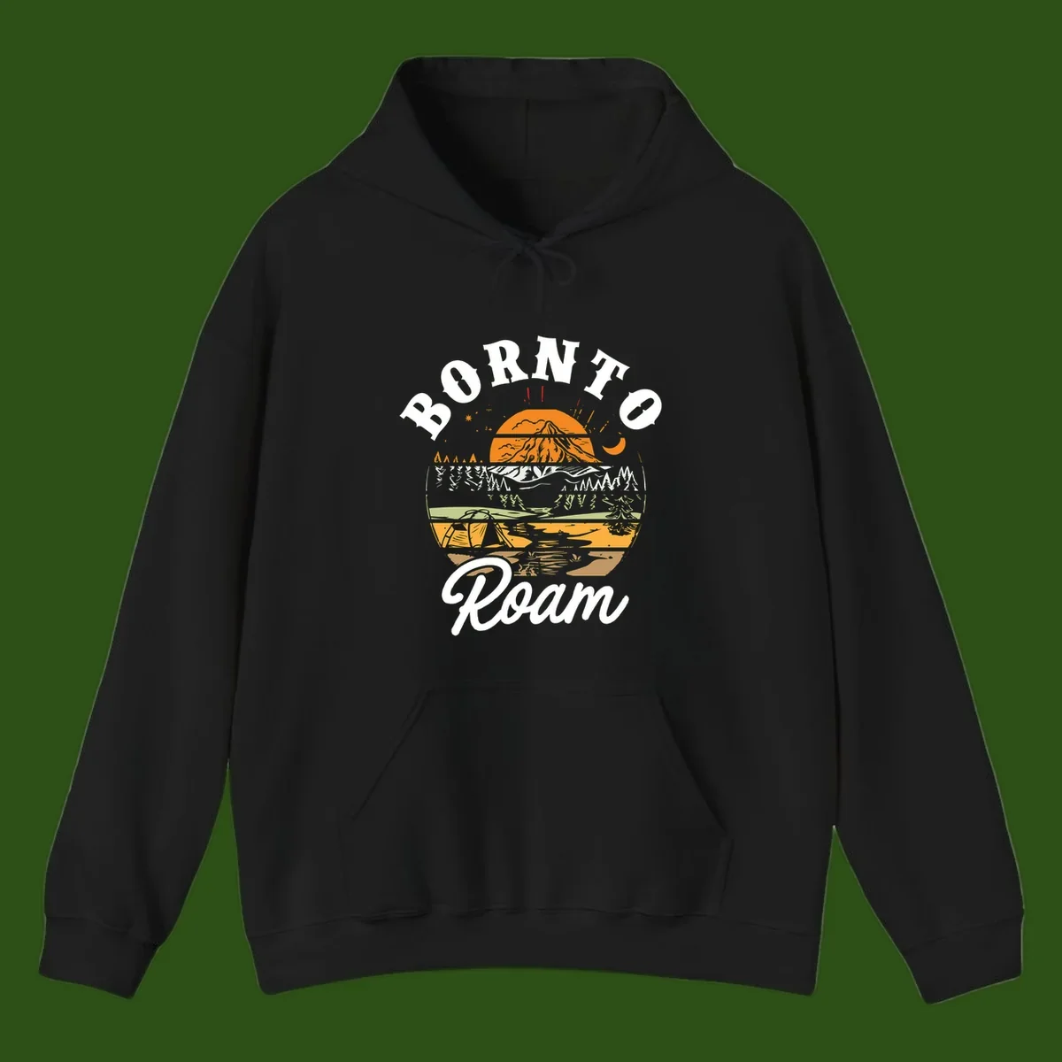 Born to roam camping design featuring layered mountain landscape with roots, forest, and campfire elements in orange, white, and gray.