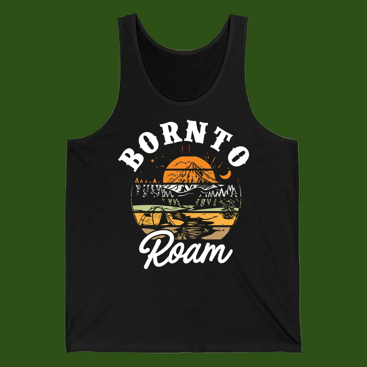 Born to roam camping design featuring layered mountain landscape with roots, forest, and campfire elements in orange, white, and gray.