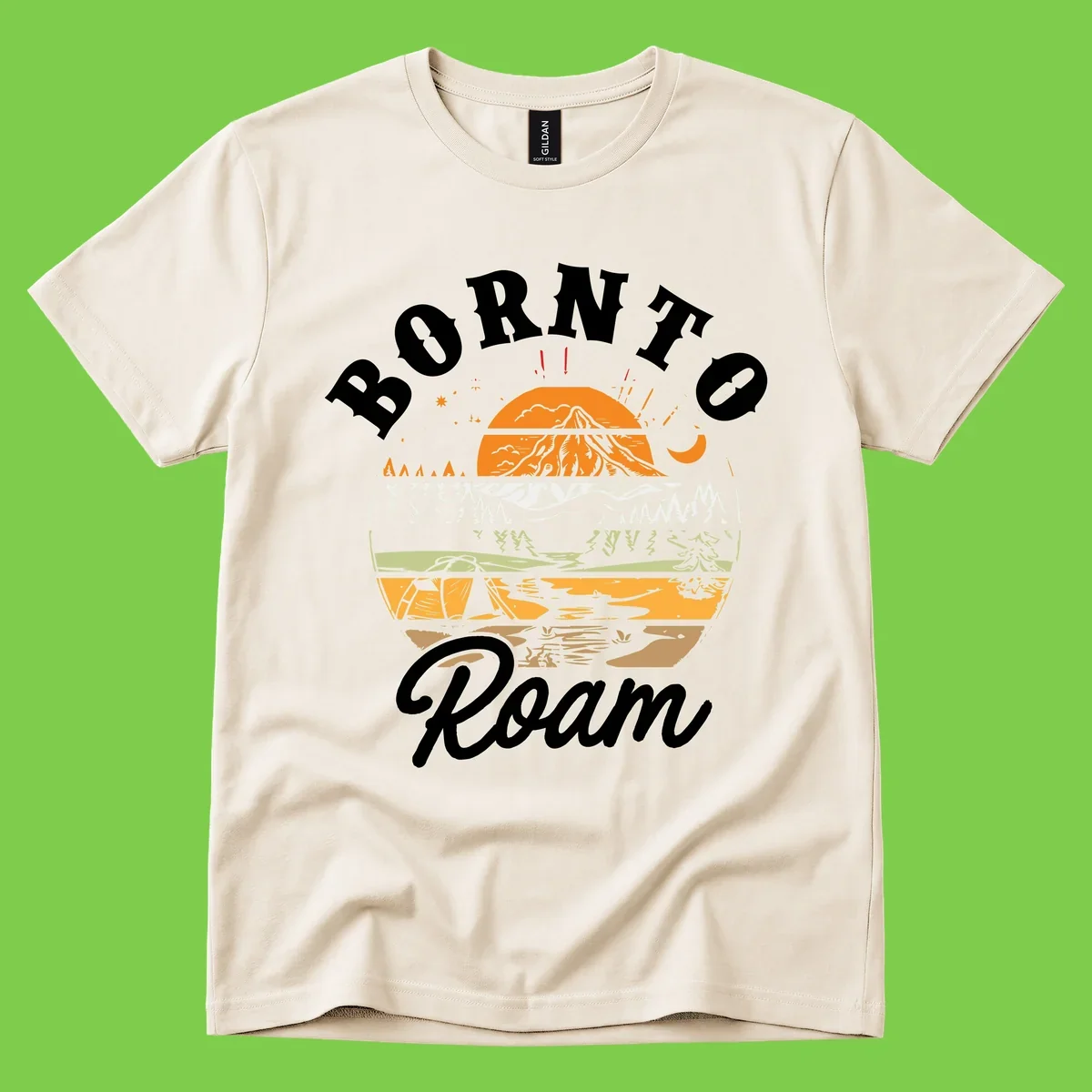 Born to roam camping design featuring layered mountain landscape with roots, forest, and campfire elements in orange, white, and gray.