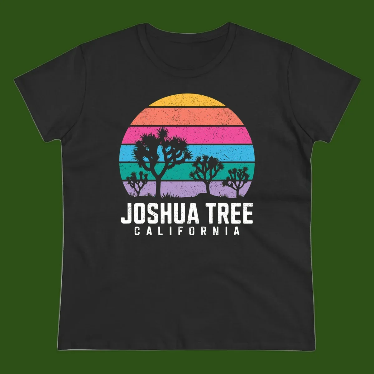 Joshua tree desert stripes design with silhouetted trees across rainbow horizontal color bands and distressed texture.