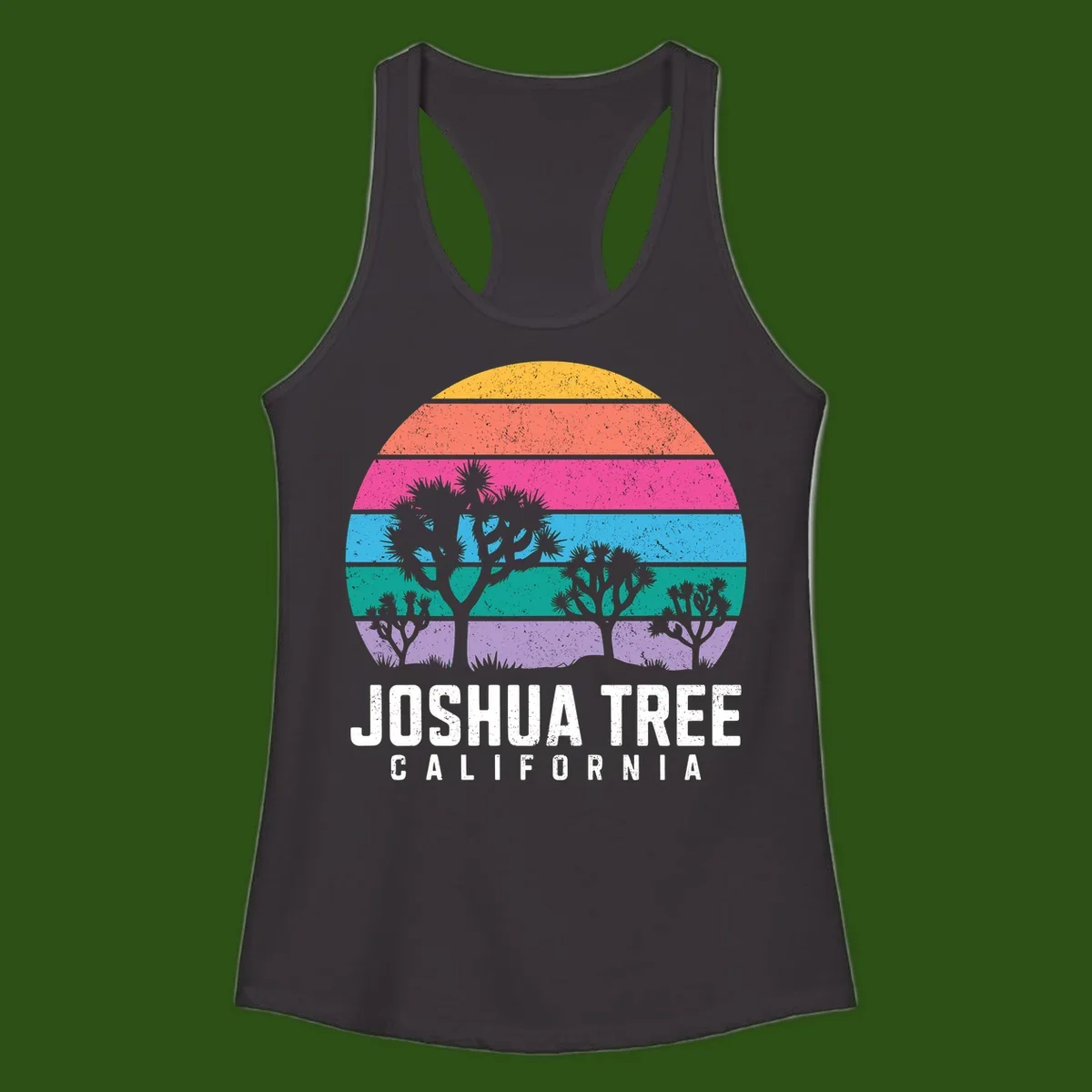 Joshua tree desert stripes design with silhouetted trees across rainbow horizontal color bands and distressed texture.