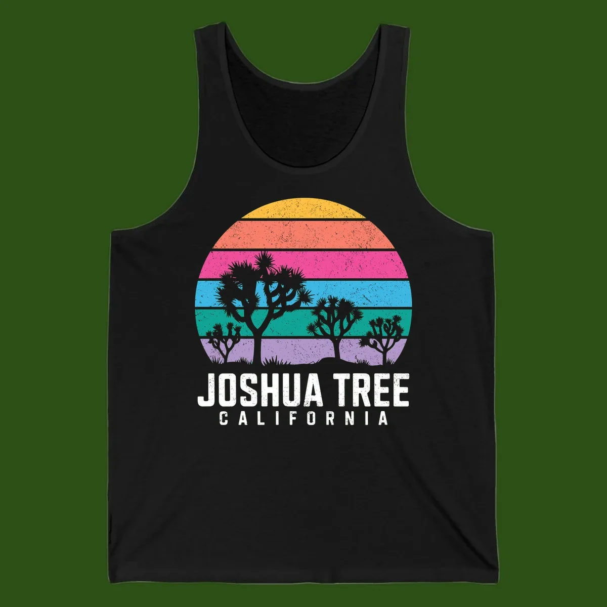 Joshua tree desert stripes design with silhouetted trees across rainbow horizontal color bands and distressed texture.