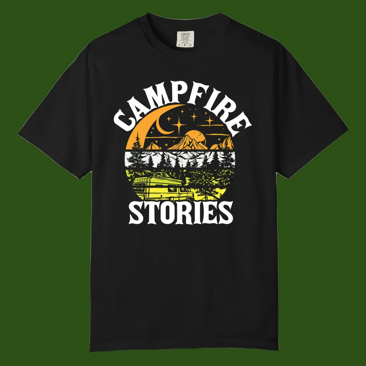 Campfire stories night design with layered mountains, forest, and starry sky with lantern and moon