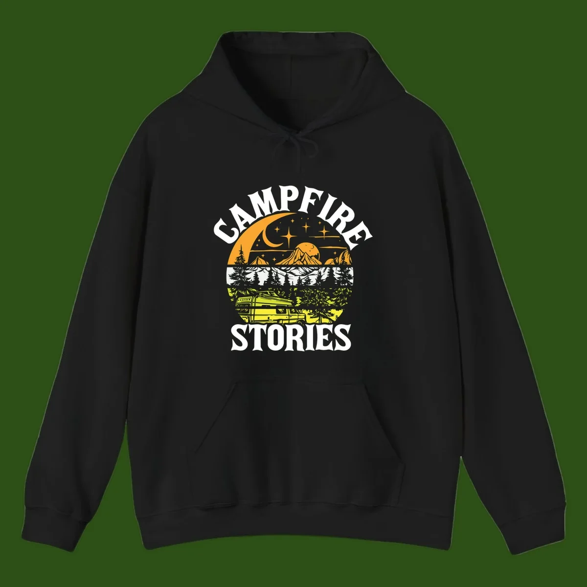 Campfire stories night design with layered mountains, forest, and starry sky with lantern and moon