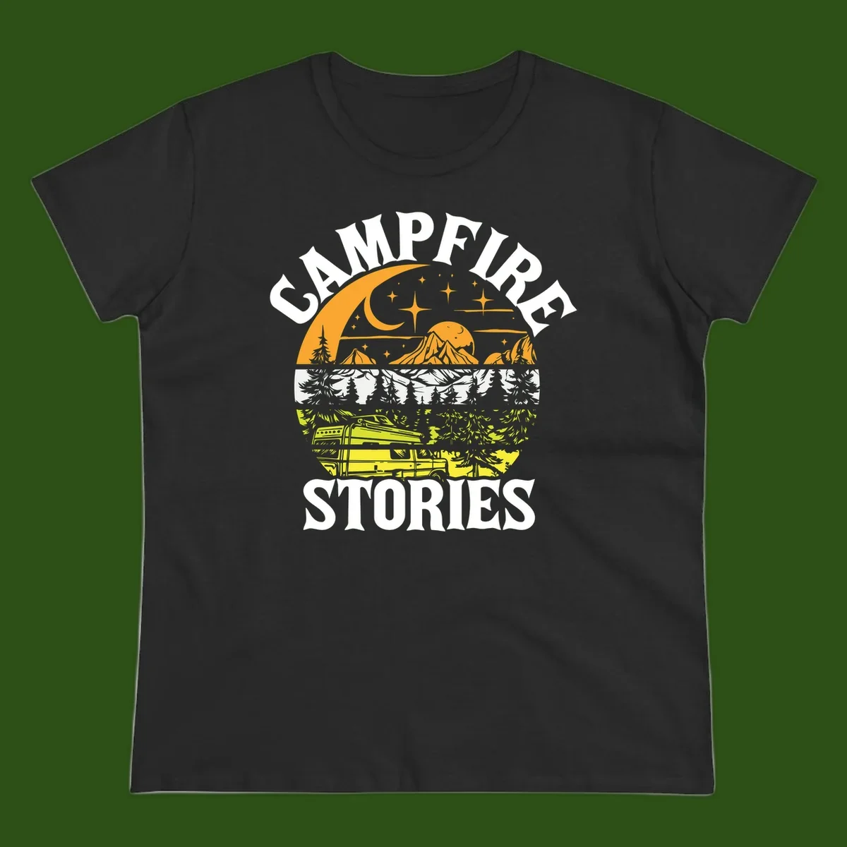 Campfire stories night design with layered mountains, forest, and starry sky with lantern and moon