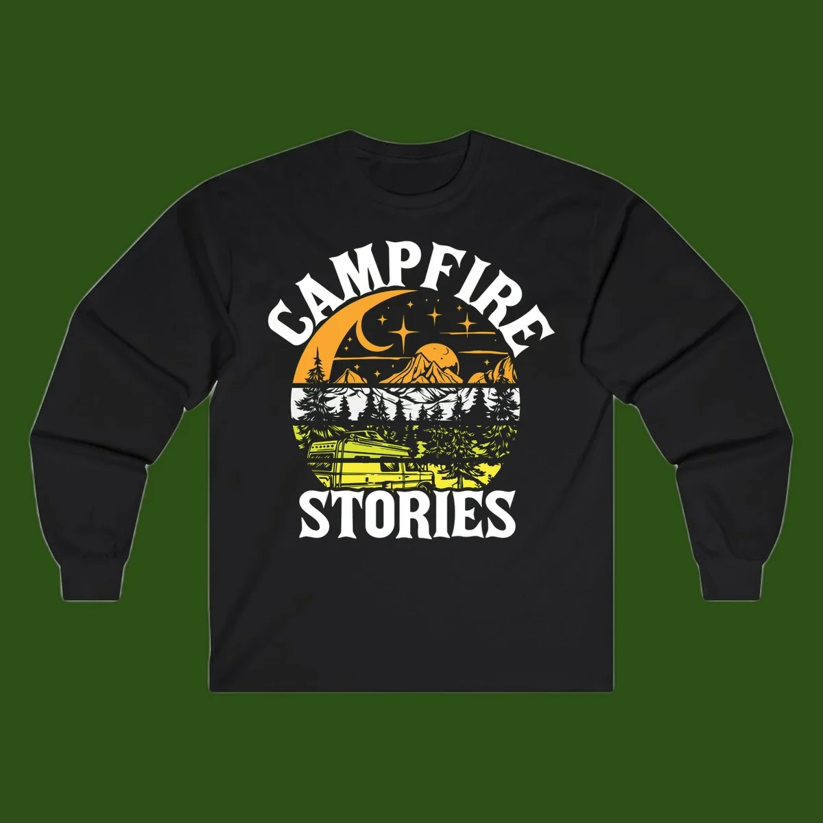 Campfire stories night design with layered mountains, forest, and starry sky with lantern and moon