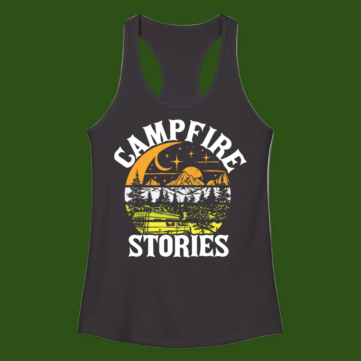 Campfire stories night design with layered mountains, forest, and starry sky with lantern and moon