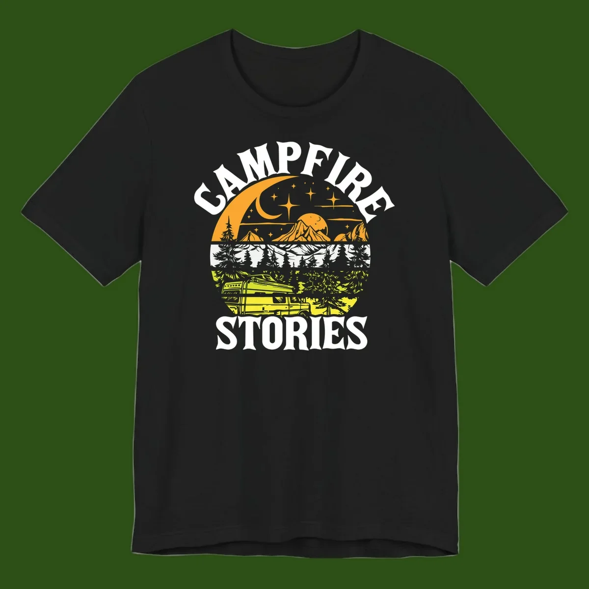 Campfire stories night design with layered mountains, forest, and starry sky with lantern and moon