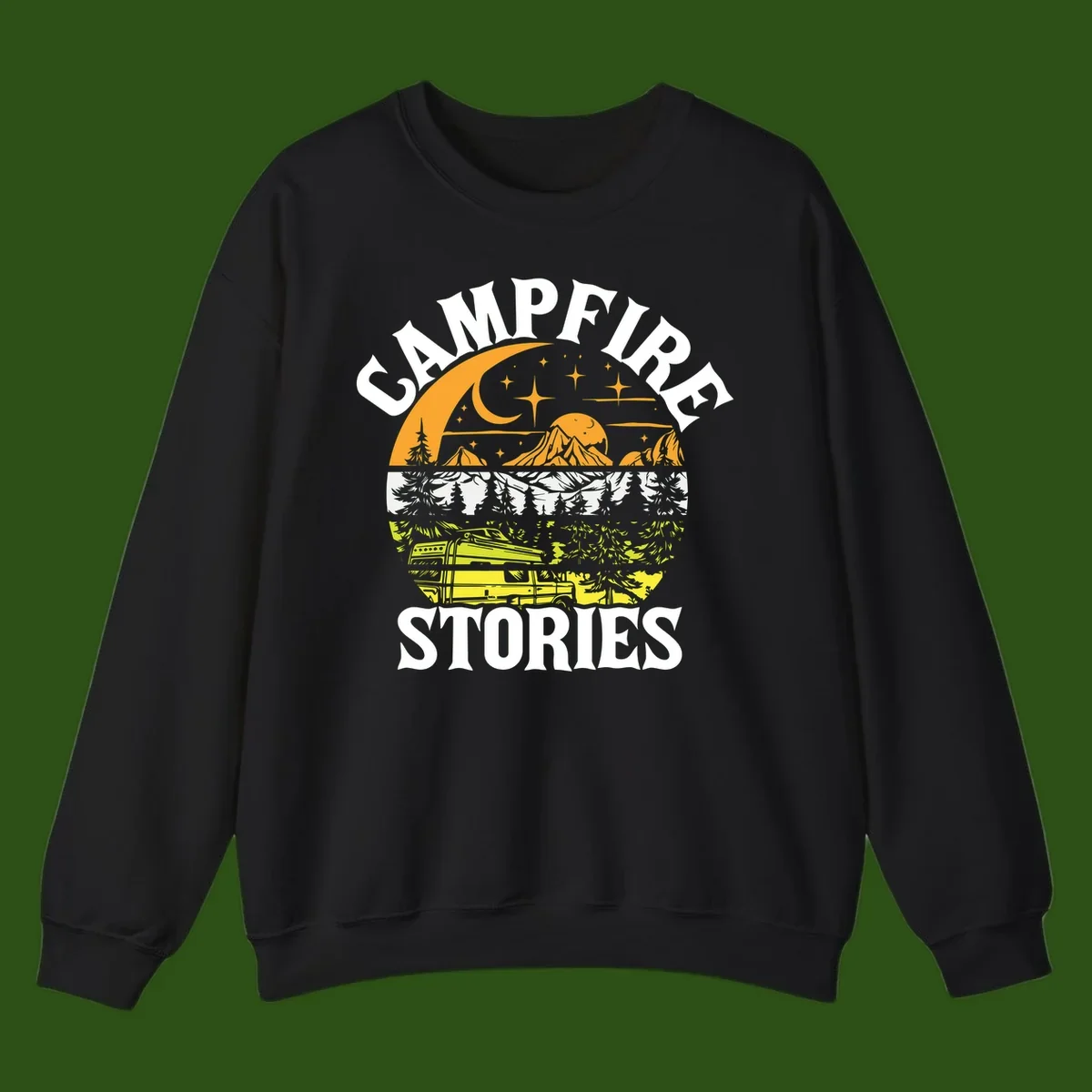 Campfire stories night design with layered mountains, forest, and starry sky with lantern and moon