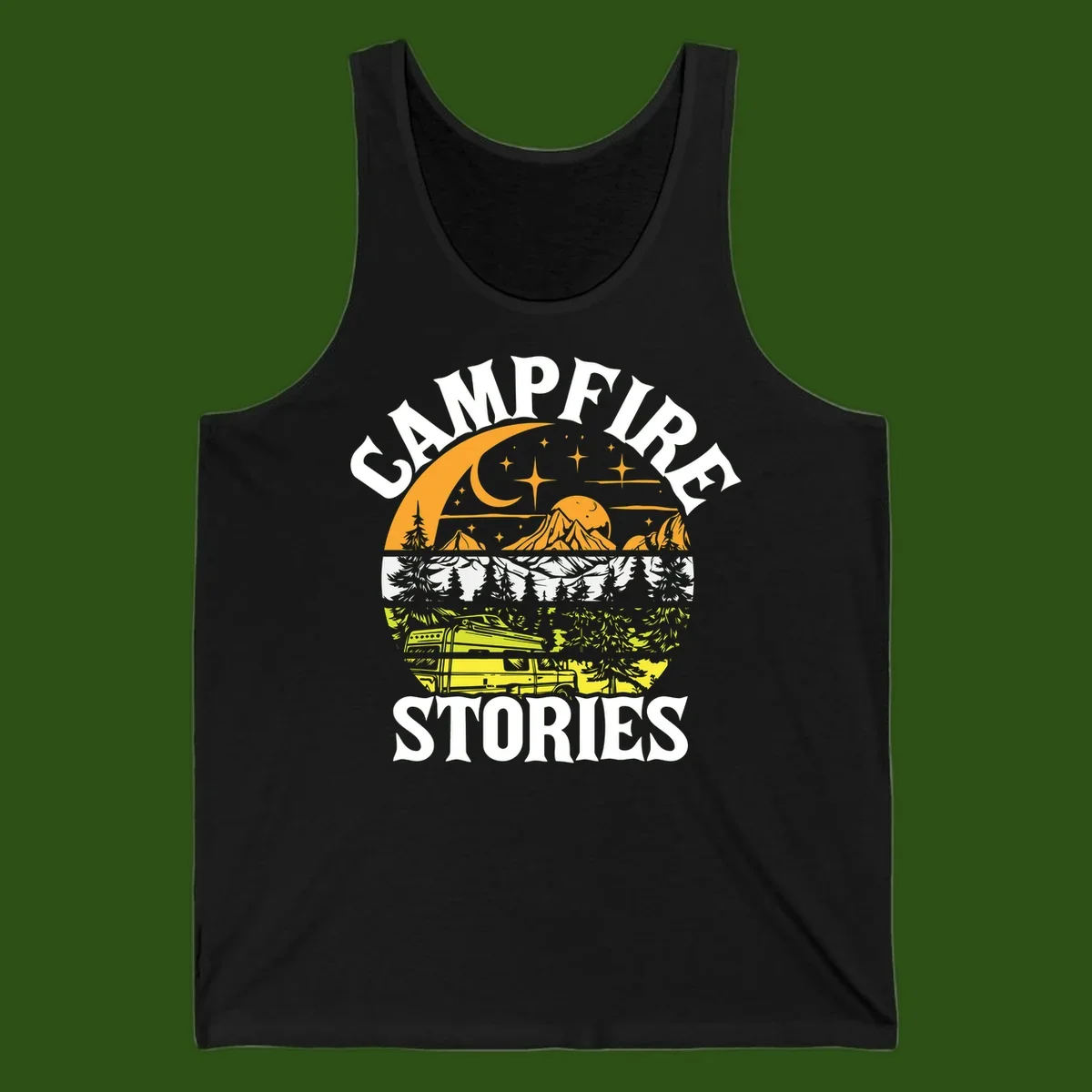 Campfire stories night design with layered mountains, forest, and starry sky with lantern and moon