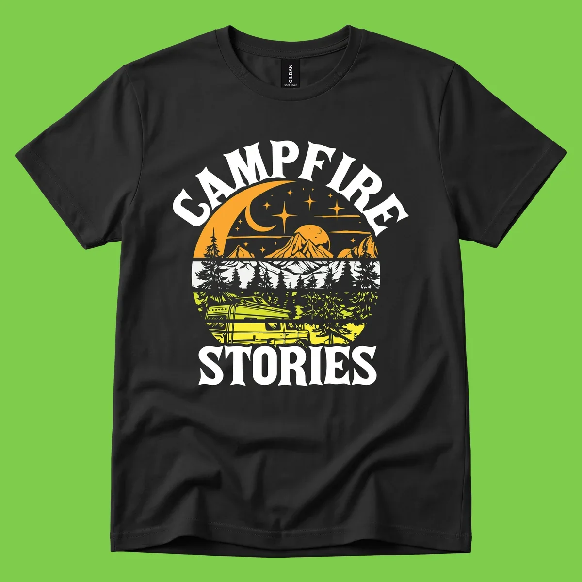 Campfire stories night design with layered mountains, forest, and starry sky with lantern and moon