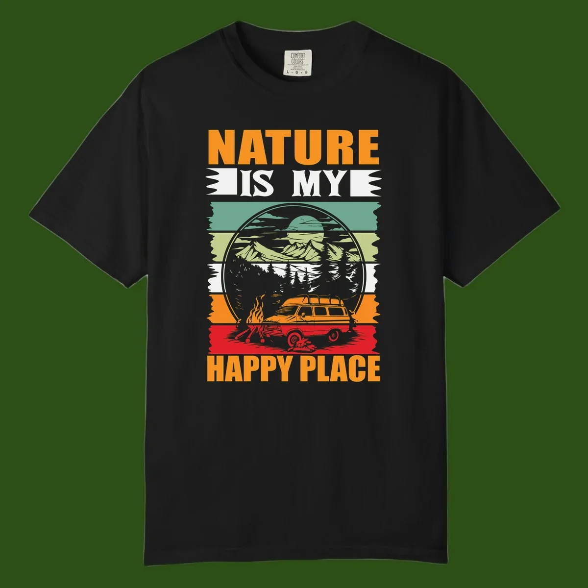 Vintage station wagon with campfire surrounded by layered mountains, forests, and sun in circular badge design with 'Nature Is My Happy Place' text