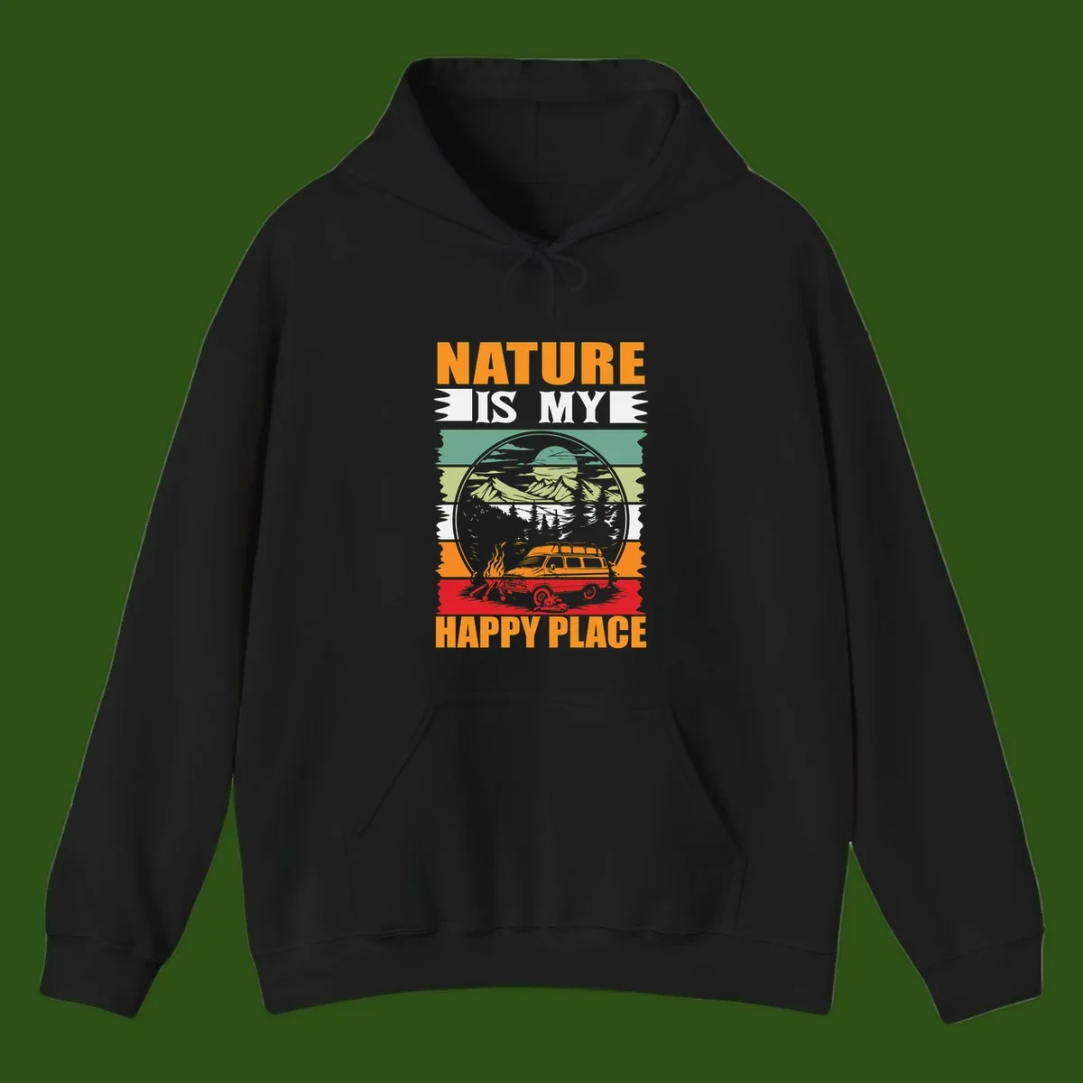 Vintage station wagon with campfire surrounded by layered mountains, forests, and sun in circular badge design with 'Nature Is My Happy Place' text