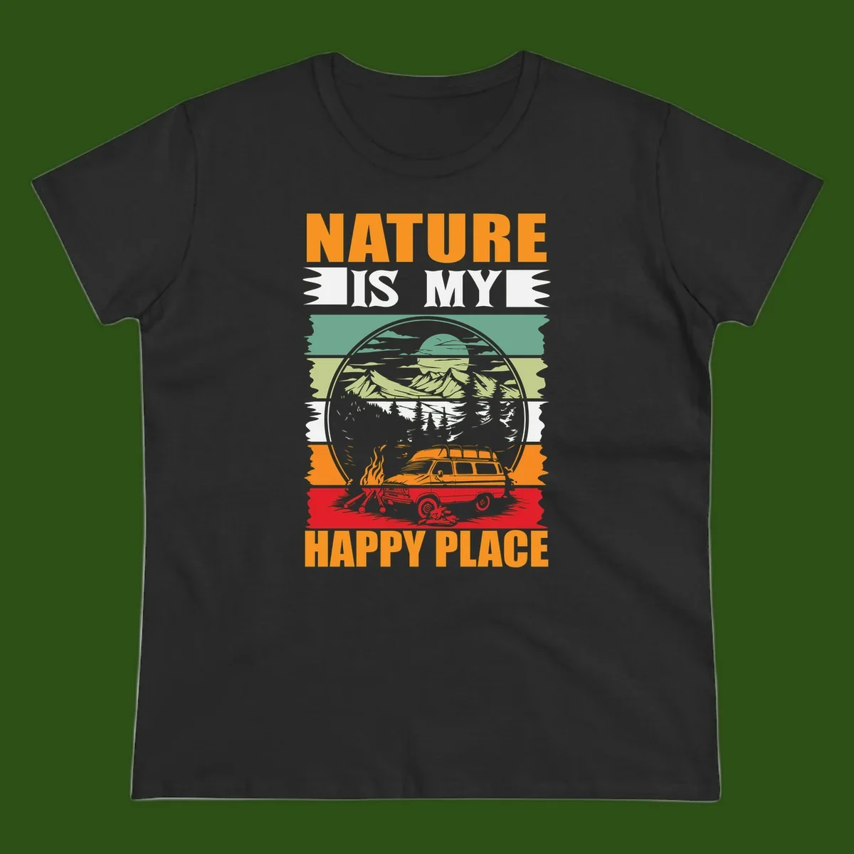 Vintage station wagon with campfire surrounded by layered mountains, forests, and sun in circular badge design with 'Nature Is My Happy Place' text