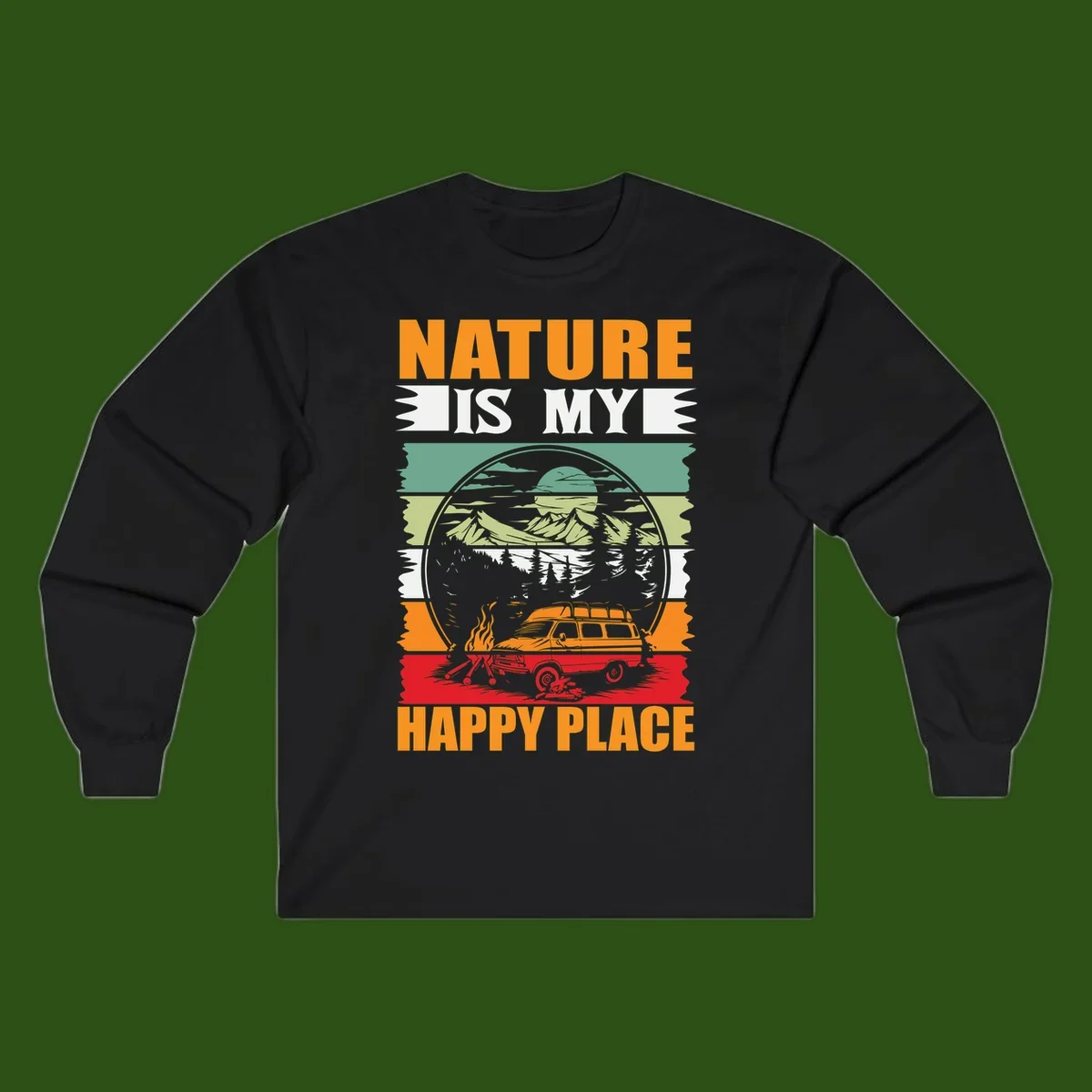 Vintage station wagon with campfire surrounded by layered mountains, forests, and sun in circular badge design with 'Nature Is My Happy Place' text