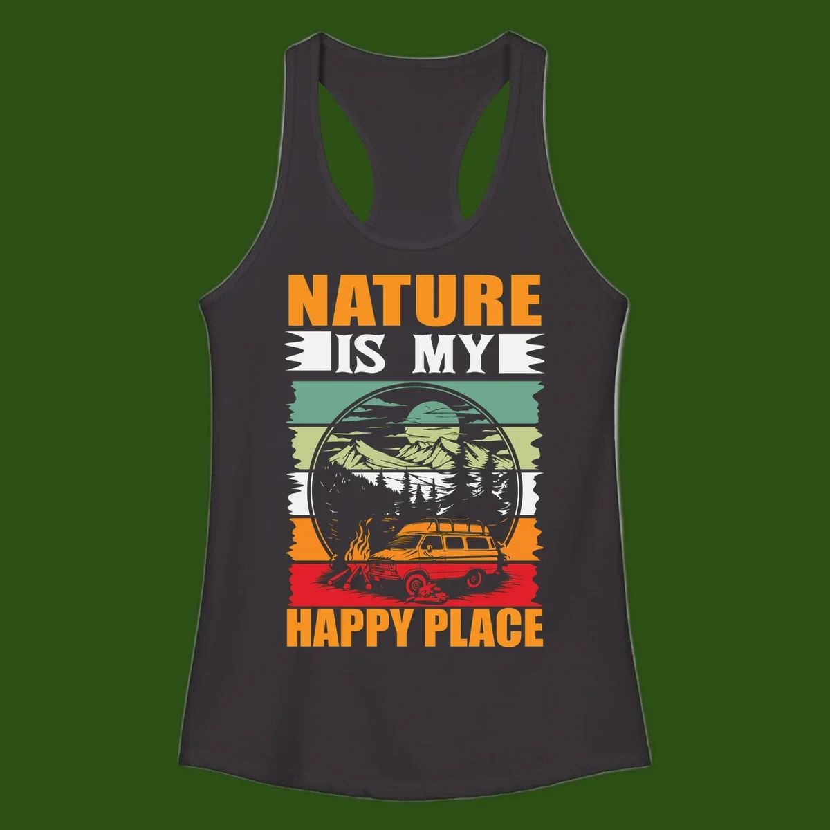 Vintage station wagon with campfire surrounded by layered mountains, forests, and sun in circular badge design with 'Nature Is My Happy Place' text