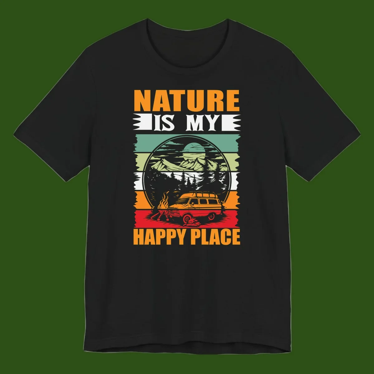 Vintage station wagon with campfire surrounded by layered mountains, forests, and sun in circular badge design with 'Nature Is My Happy Place' text