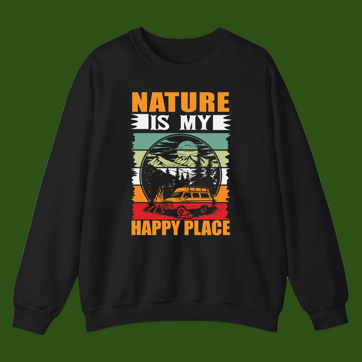 Vintage station wagon with campfire surrounded by layered mountains, forests, and sun in circular badge design with 'Nature Is My Happy Place' text