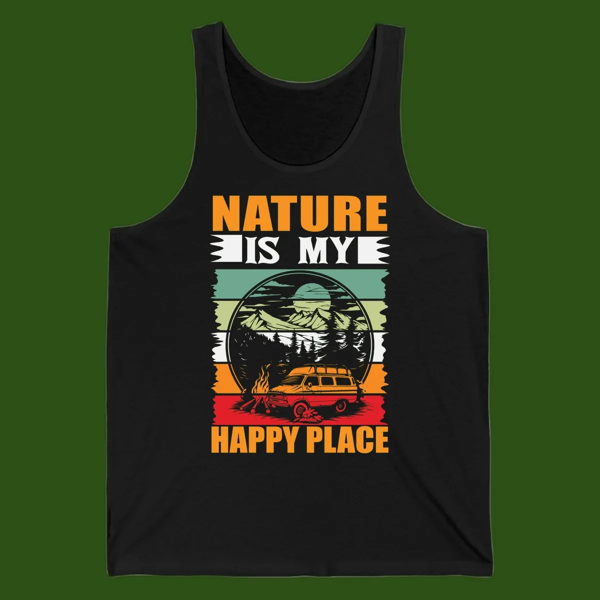 Vintage station wagon with campfire surrounded by layered mountains, forests, and sun in circular badge design with 'Nature Is My Happy Place' text