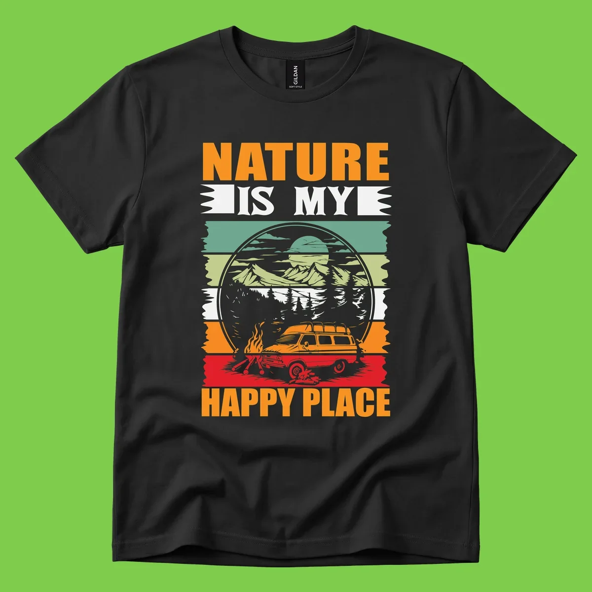 Vintage station wagon with campfire surrounded by layered mountains, forests, and sun in circular badge design with 'Nature Is My Happy Place' text