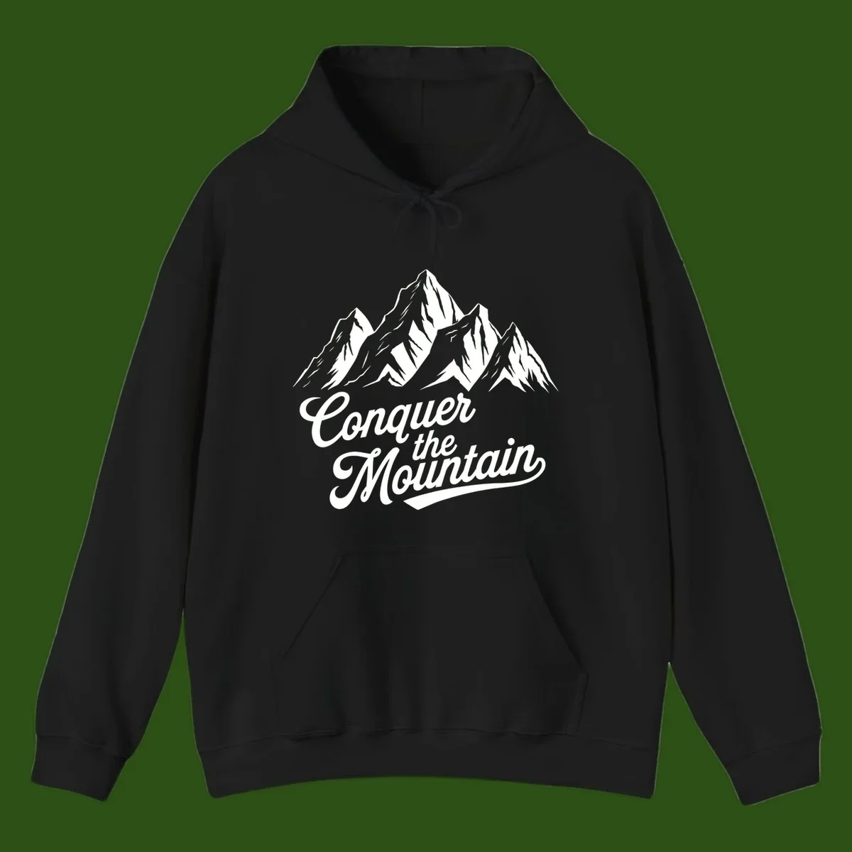 Vintage-style illustration of snow-capped mountain peaks with 'Conquer the Mountain' text in cursive script