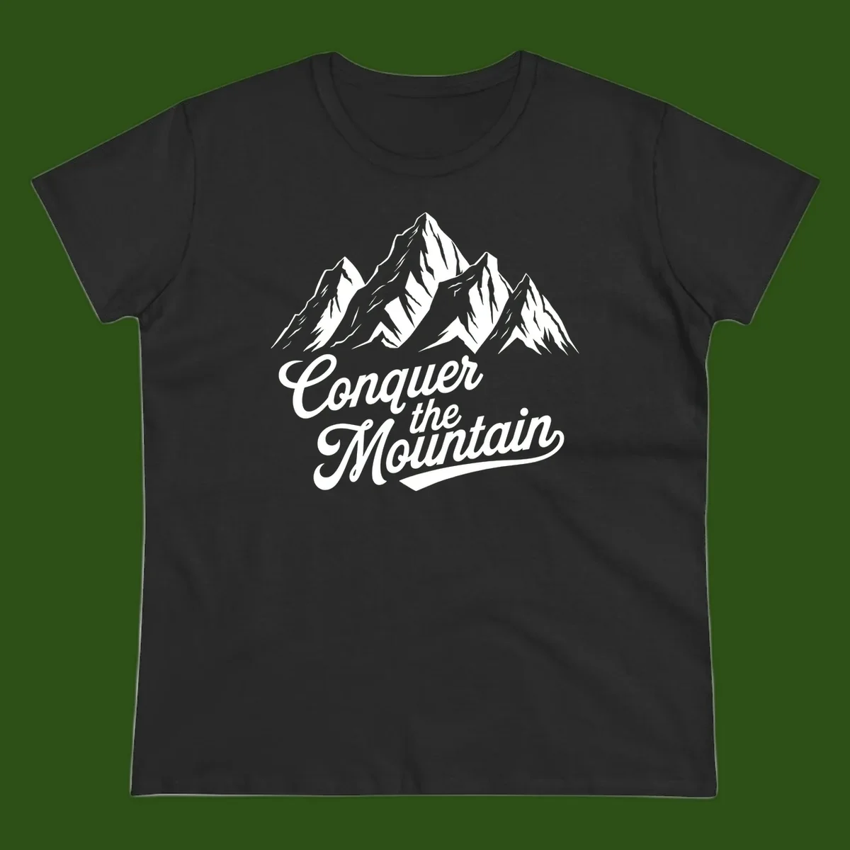 Vintage-style illustration of snow-capped mountain peaks with 'Conquer the Mountain' text in cursive script