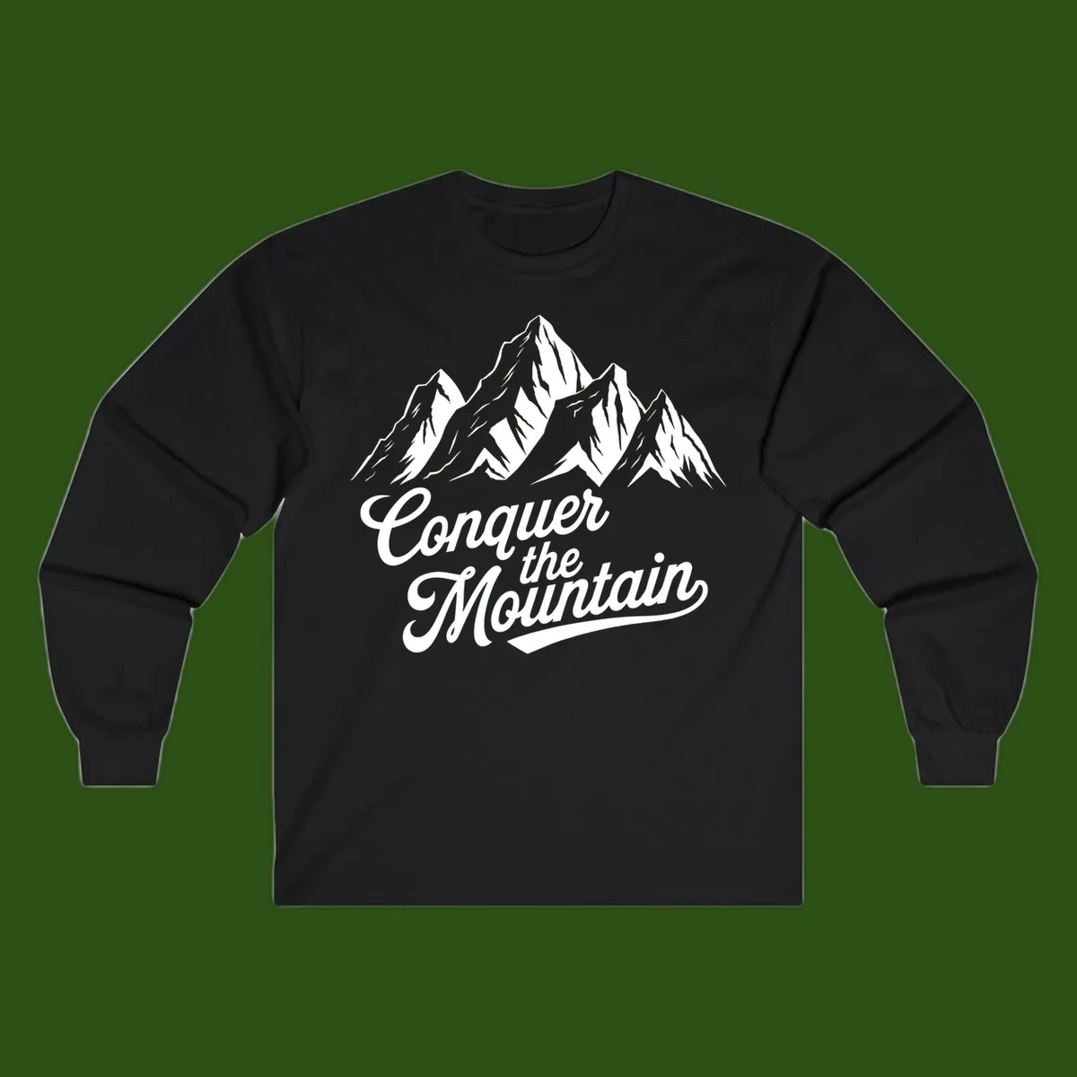 Vintage-style illustration of snow-capped mountain peaks with 'Conquer the Mountain' text in cursive script