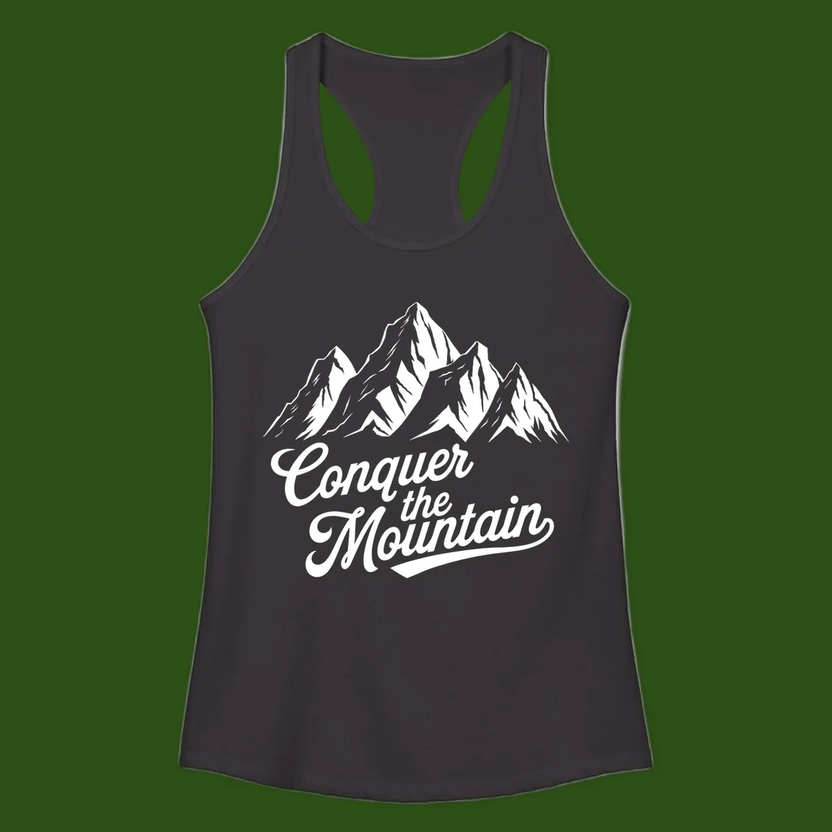 Vintage-style illustration of snow-capped mountain peaks with 'Conquer the Mountain' text in cursive script