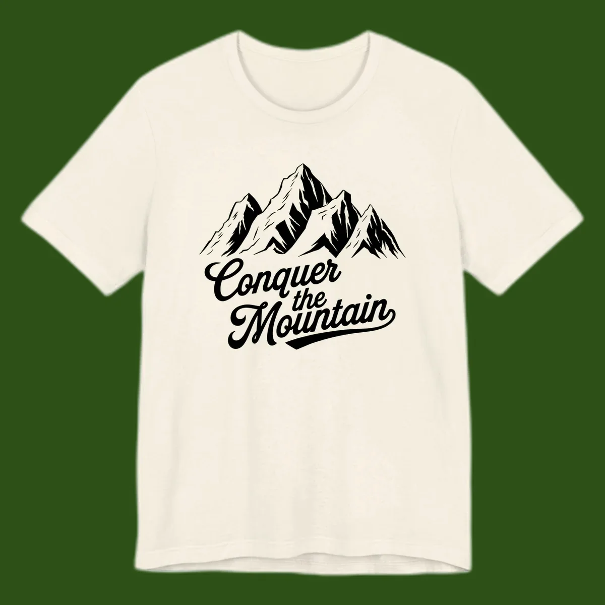 Vintage-style illustration of snow-capped mountain peaks with 'Conquer the Mountain' text in cursive script