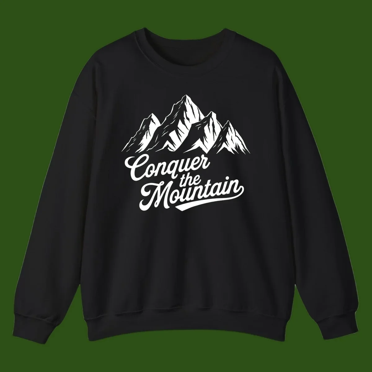 Vintage-style illustration of snow-capped mountain peaks with 'Conquer the Mountain' text in cursive script