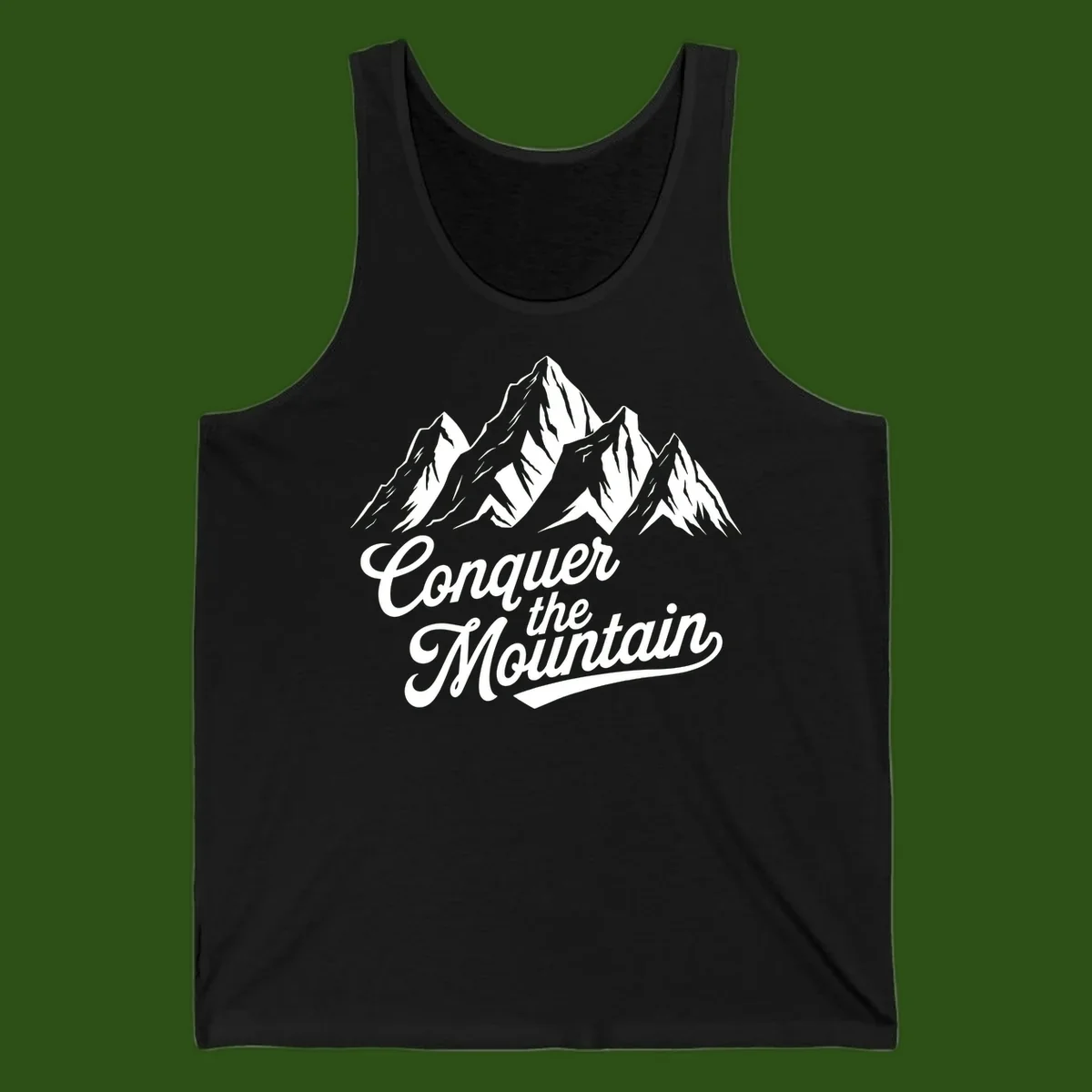 Vintage-style illustration of snow-capped mountain peaks with 'Conquer the Mountain' text in cursive script