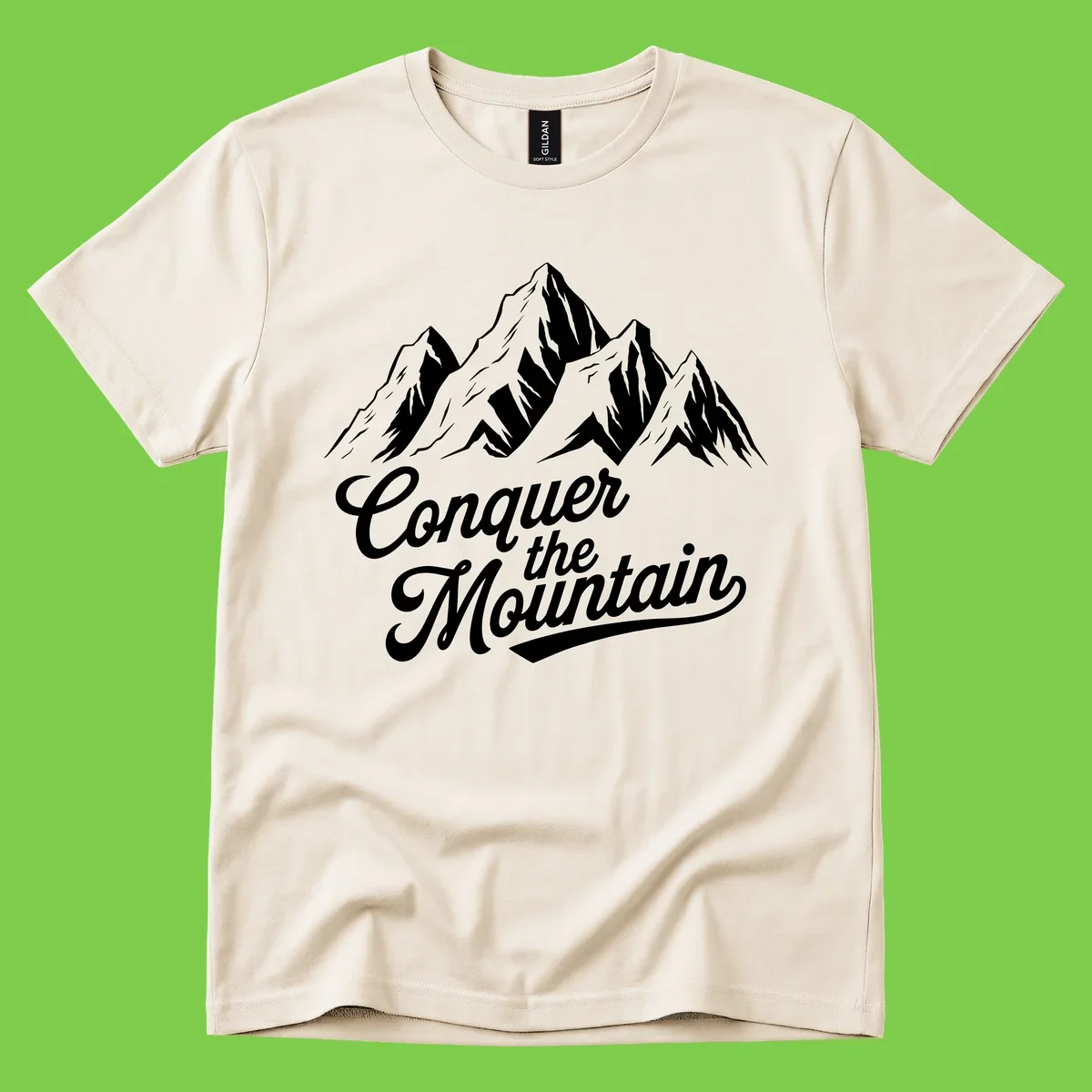 Vintage-style illustration of snow-capped mountain peaks with 'Conquer the Mountain' text in cursive script