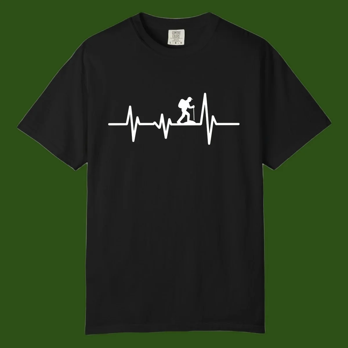 White hiking silhouette with backpack integrated into a heartbeat ECG line on gray background