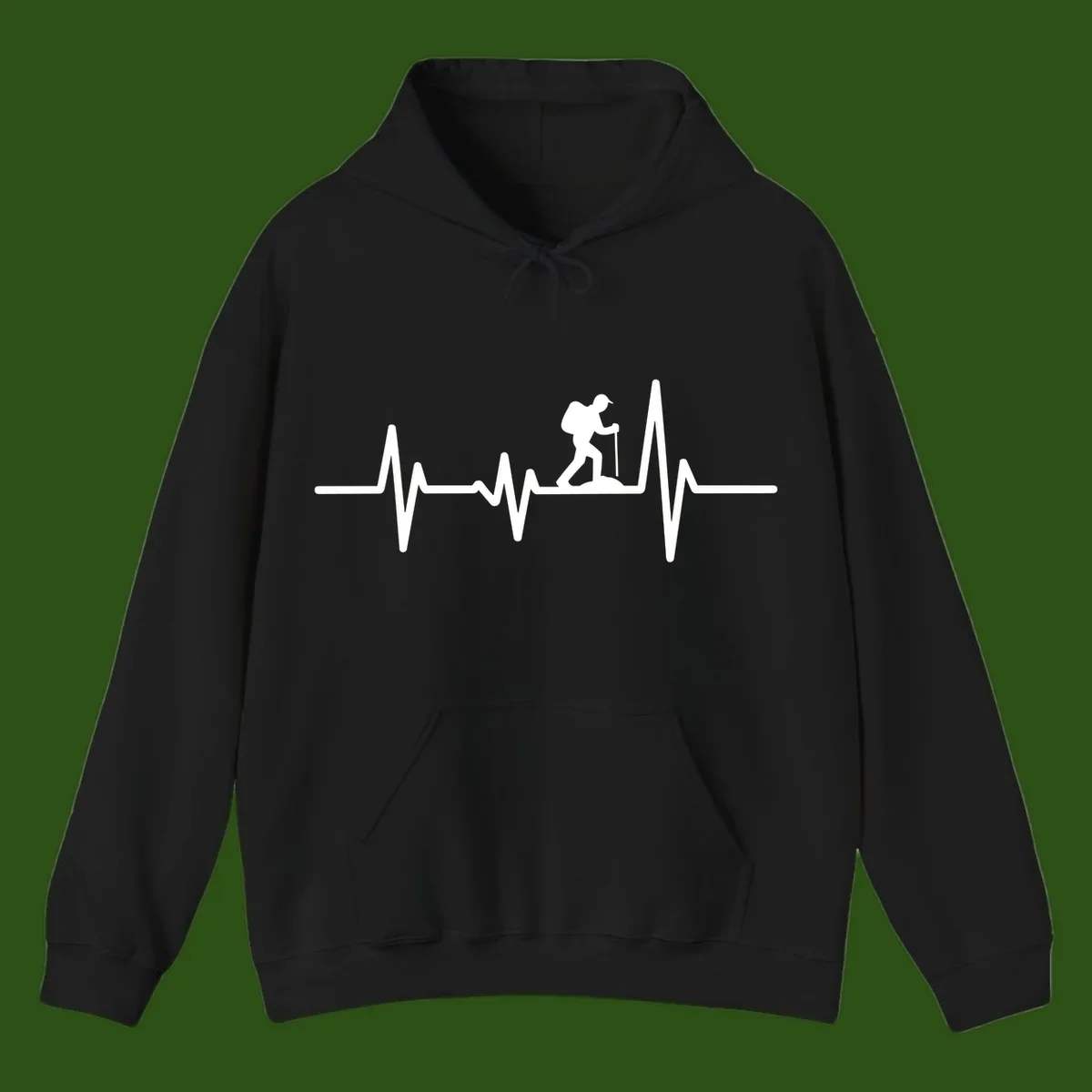 White hiking silhouette with backpack integrated into a heartbeat ECG line on gray background