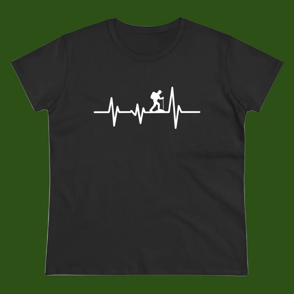White hiking silhouette with backpack integrated into a heartbeat ECG line on gray background