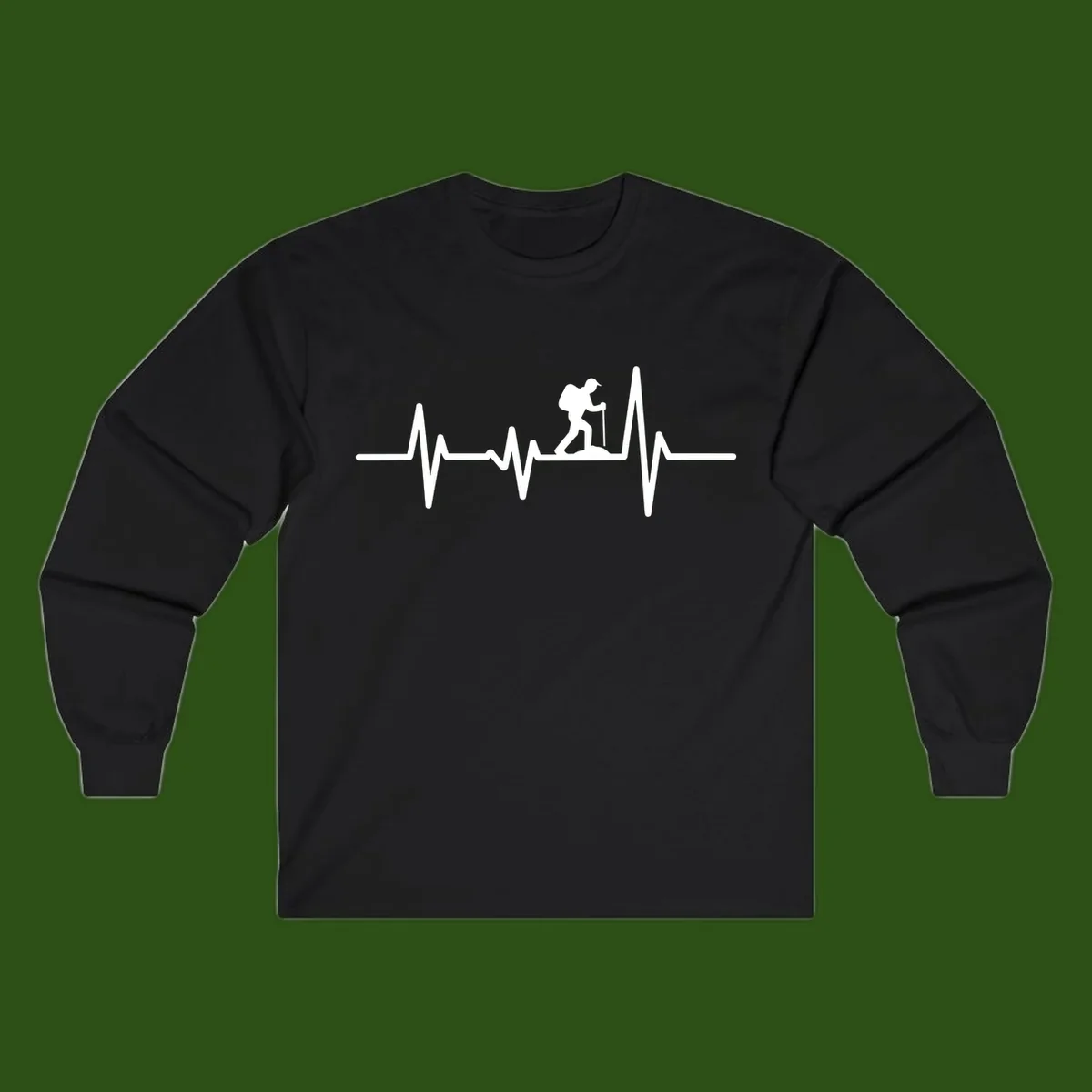 White hiking silhouette with backpack integrated into a heartbeat ECG line on gray background