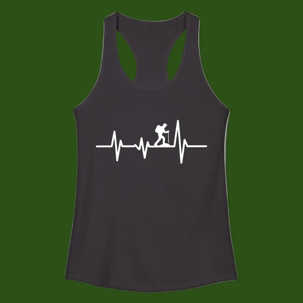 White hiking silhouette with backpack integrated into a heartbeat ECG line on gray background