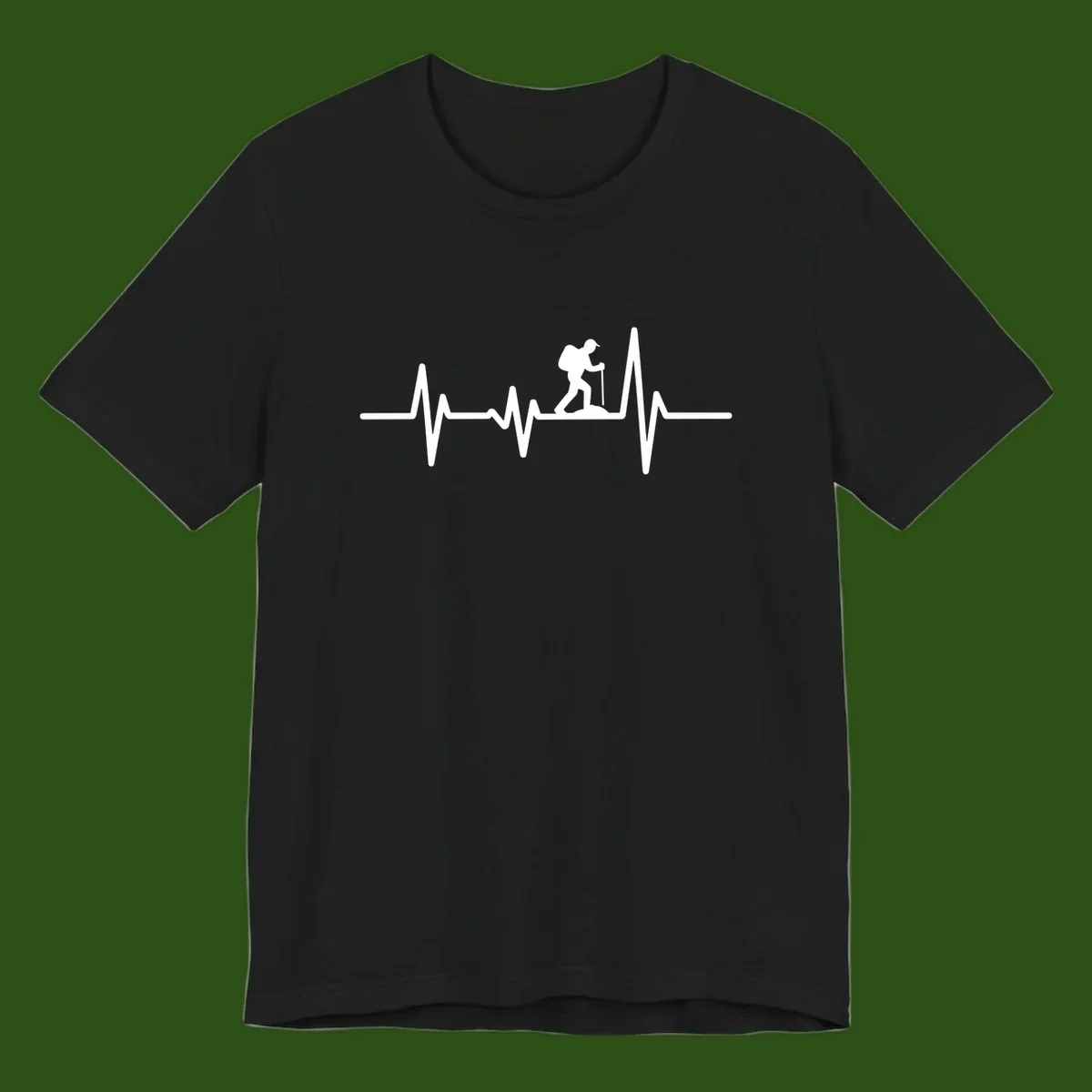 White hiking silhouette with backpack integrated into a heartbeat ECG line on gray background