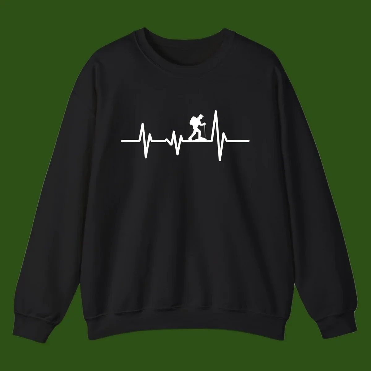 White hiking silhouette with backpack integrated into a heartbeat ECG line on gray background