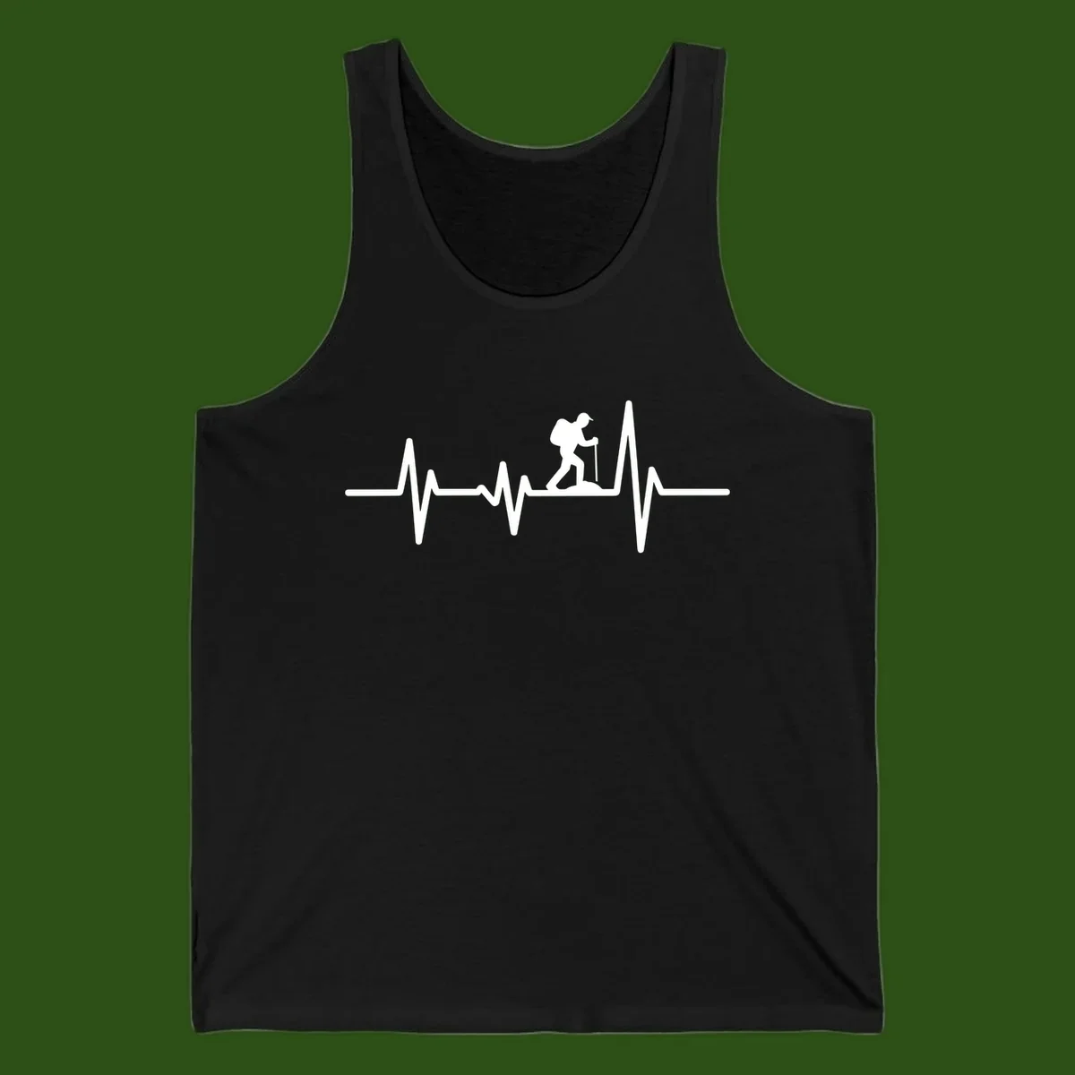 White hiking silhouette with backpack integrated into a heartbeat ECG line on gray background