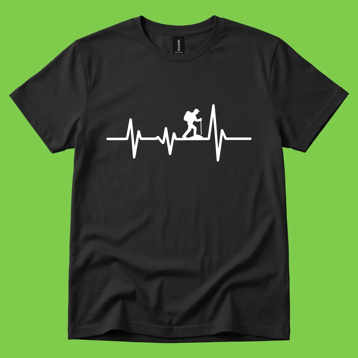 White hiking silhouette with backpack integrated into a heartbeat ECG line on gray background