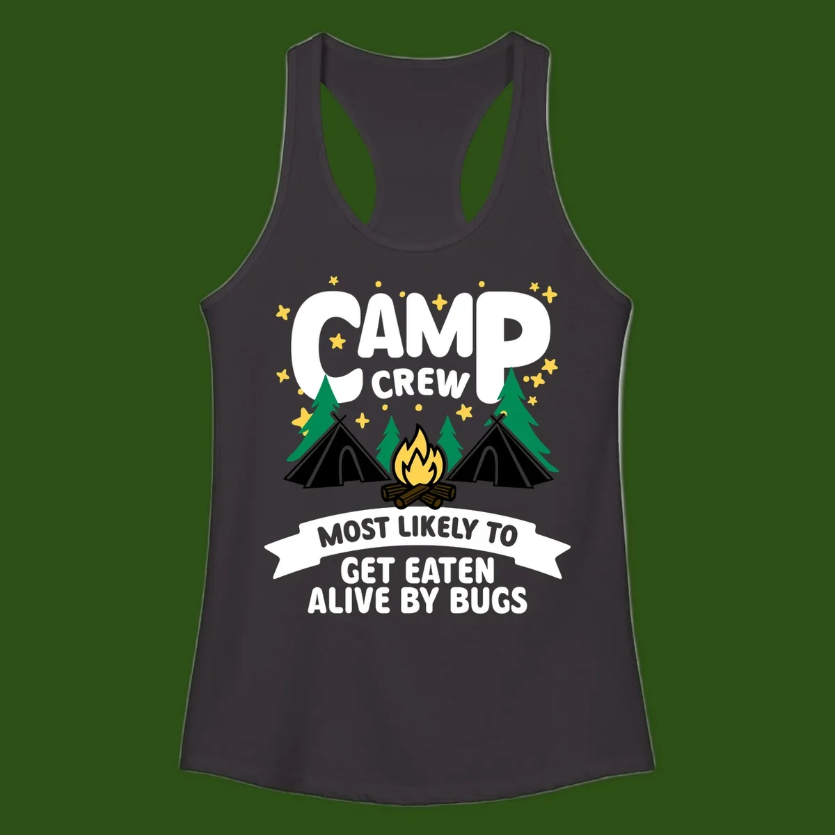 Camping illustration with tents, campfire, and pine trees surrounding text reading 'Camp Crew Most Likely To Get Eaten Alive By Bugs'