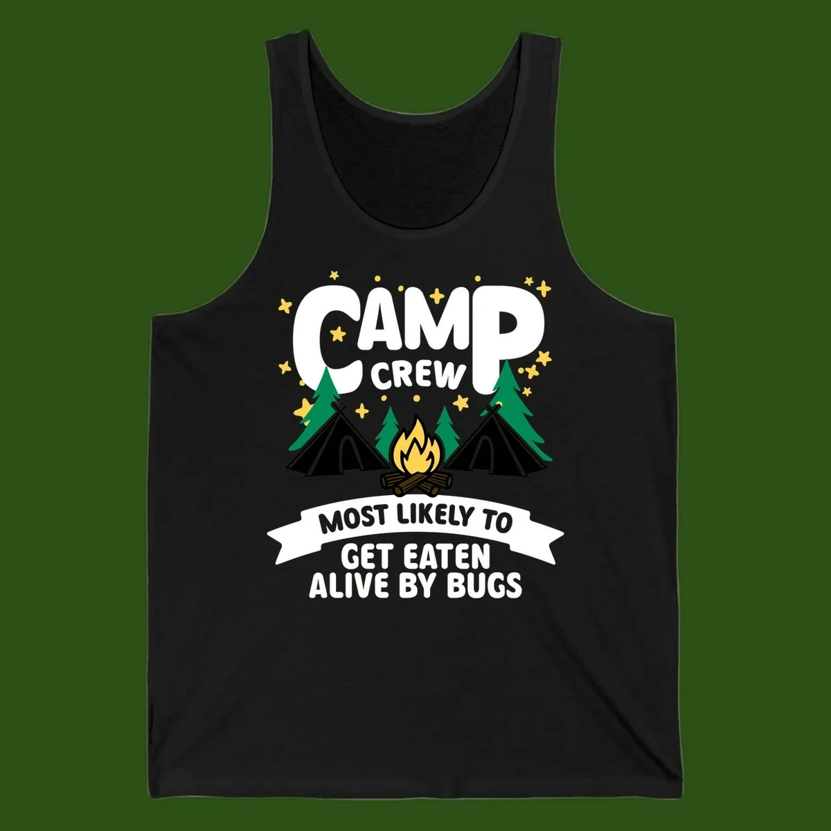 Camping illustration with tents, campfire, and pine trees surrounding text reading 'Camp Crew Most Likely To Get Eaten Alive By Bugs'