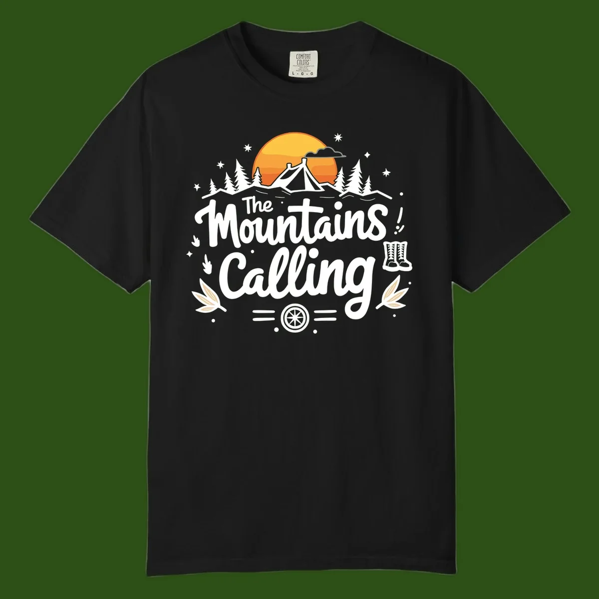Illustration of a camping tent in a forest with mountains and sunset, surrounded by stars, trees, and hiking boots with 'The Mountains Calling' text.