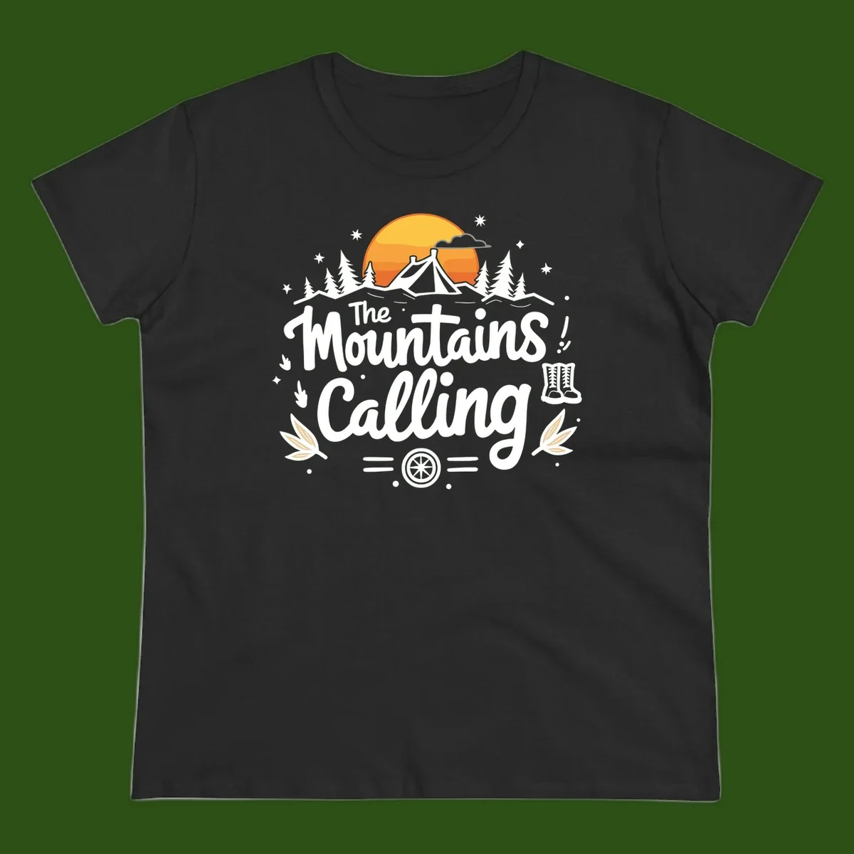 Illustration of a camping tent in a forest with mountains and sunset, surrounded by stars, trees, and hiking boots with 'The Mountains Calling' text.