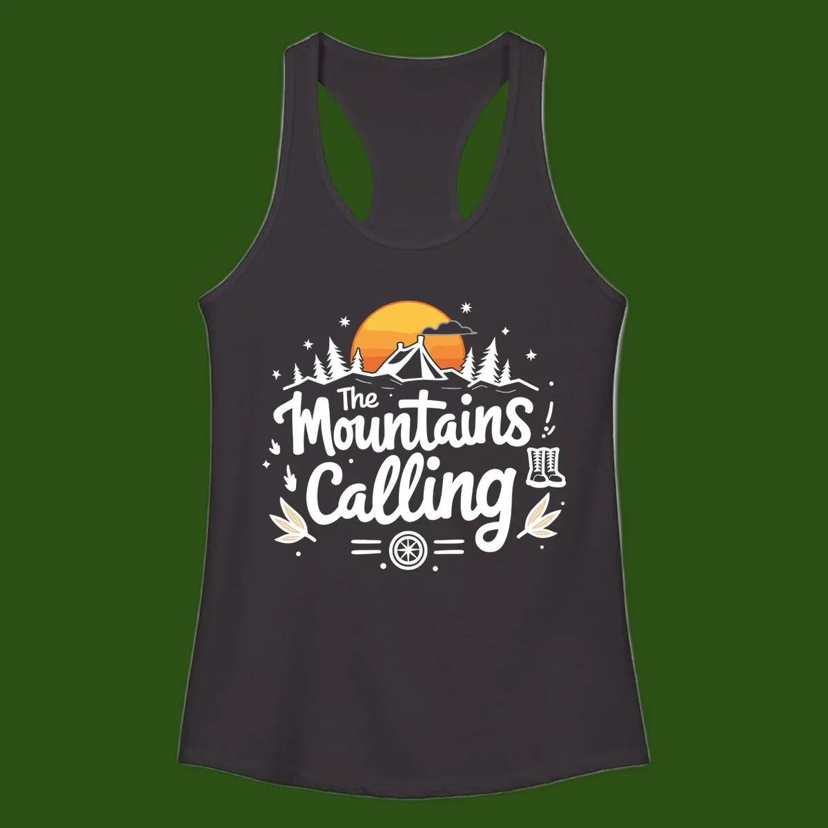 Illustration of a camping tent in a forest with mountains and sunset, surrounded by stars, trees, and hiking boots with 'The Mountains Calling' text.