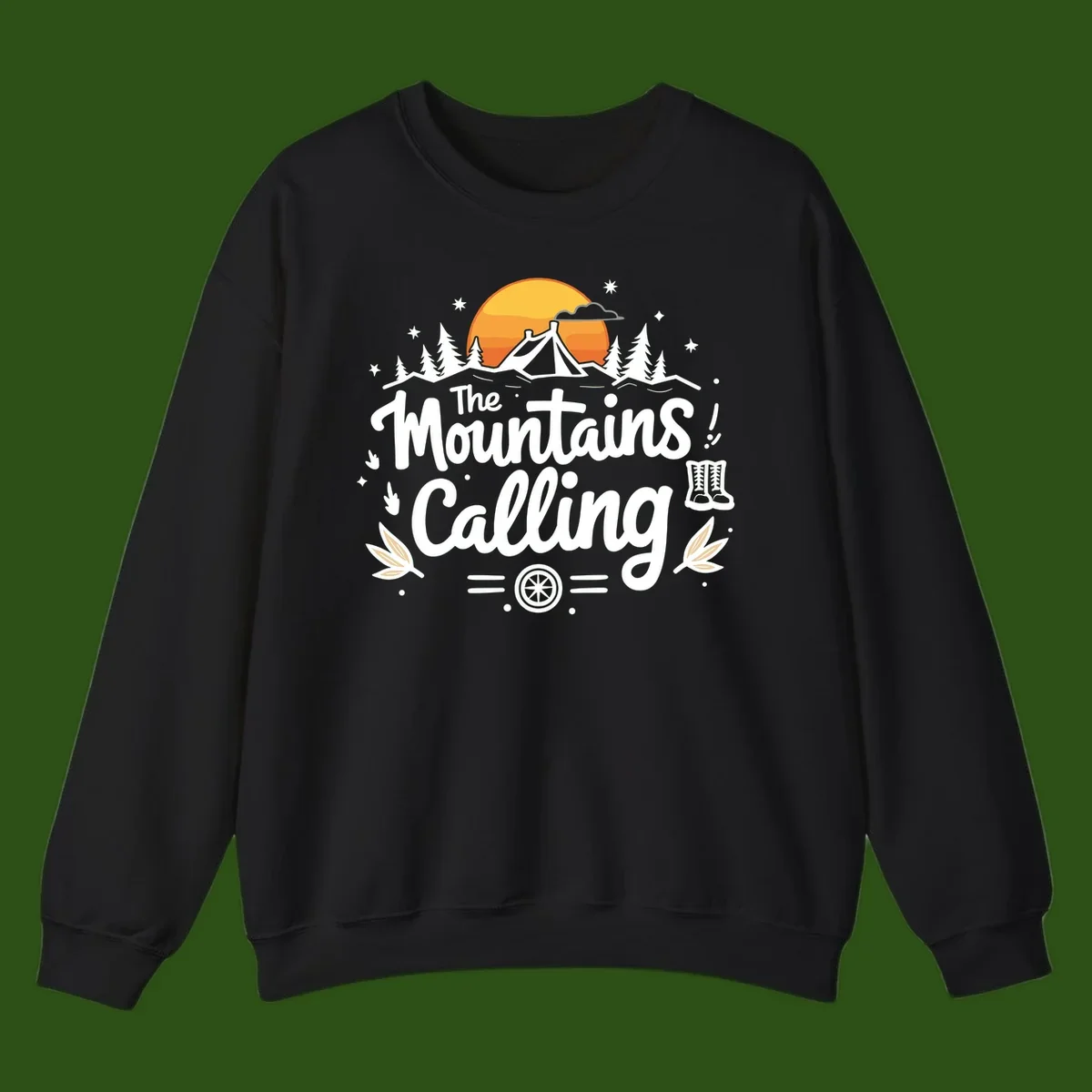 Illustration of a camping tent in a forest with mountains and sunset, surrounded by stars, trees, and hiking boots with 'The Mountains Calling' text.