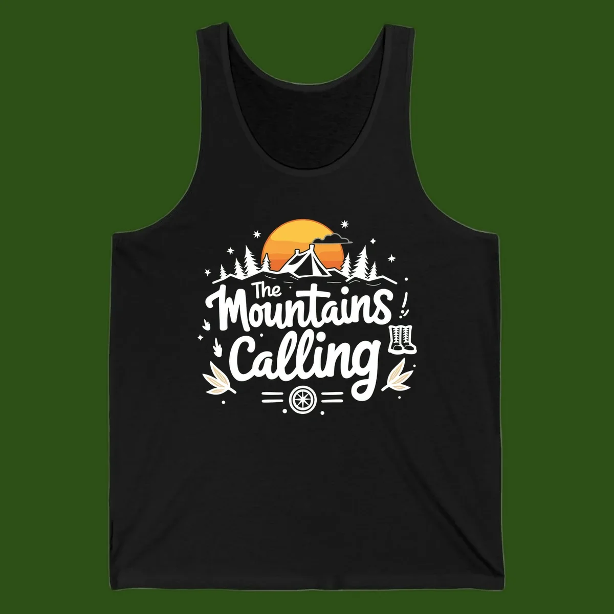 Illustration of a camping tent in a forest with mountains and sunset, surrounded by stars, trees, and hiking boots with 'The Mountains Calling' text.