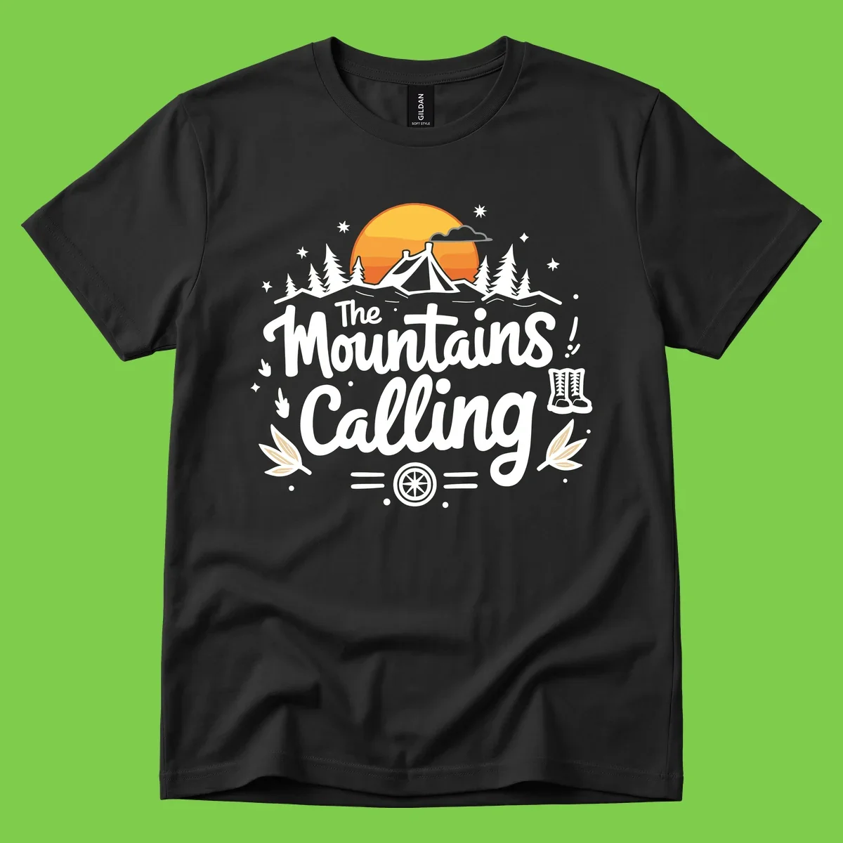 Illustration of a camping tent in a forest with mountains and sunset, surrounded by stars, trees, and hiking boots with 'The Mountains Calling' text.