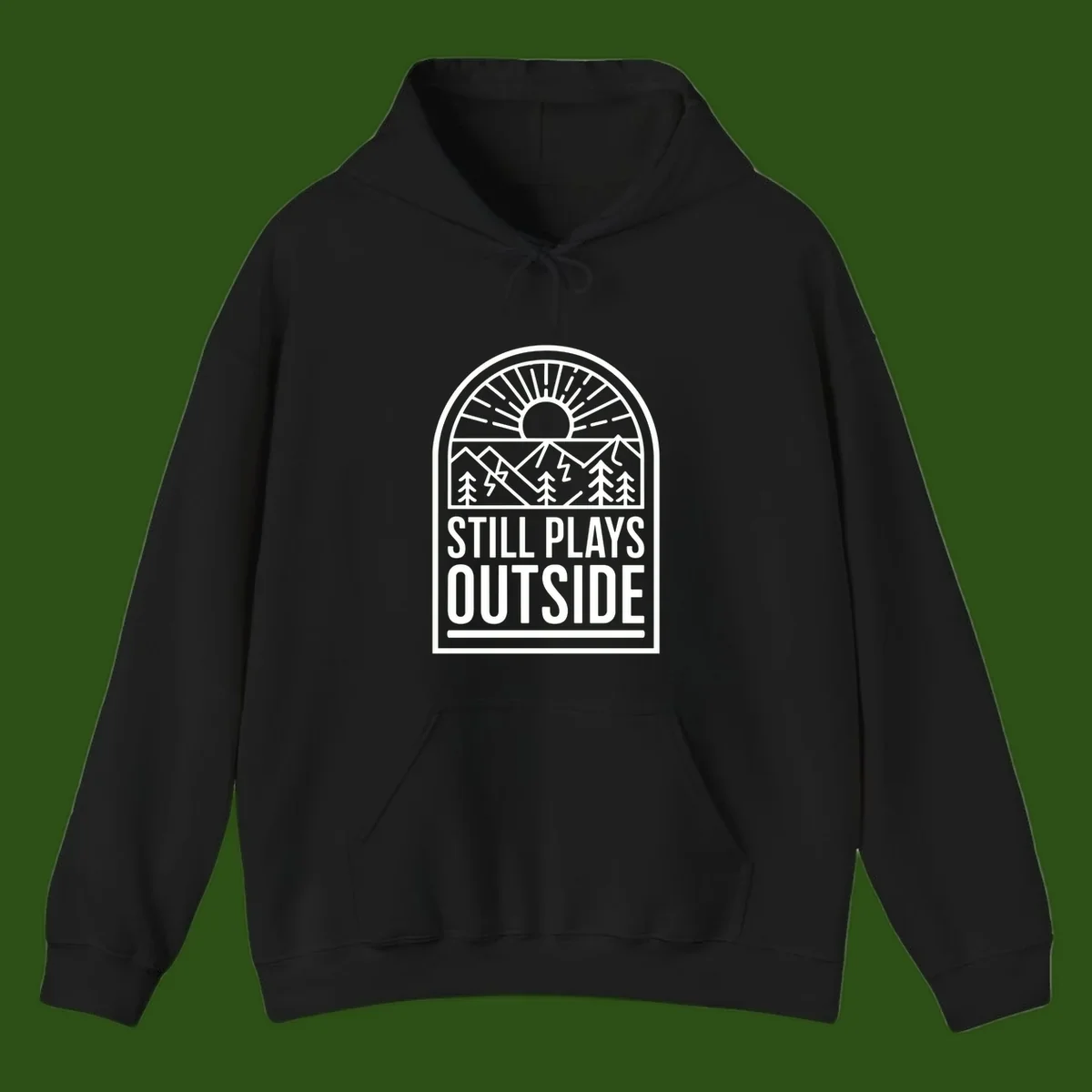 Still Plays Outside badge design featuring mountains, sun, pine trees, and lightning bolt in minimalist line art style